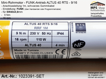 1023391 - SET - FUNK-Einsteck-Antrieb ALTUS 40 RTS 9/16 (SW40x0,8mm), 9Nm / 16rpm, Motorlager, Anschlusskabel 1m offene Enden