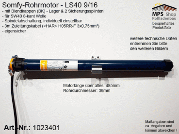 1023401 - SET - Rohrmotor LS40 9/16 (SW40x0,8mm), 9Nm / 16rpm, Motorlager, Anschlusskabel 3m offene Enden