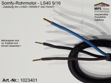 1023401 - SET - Rohrmotor LS40 9/16 (SW40x0,8mm), 9Nm / 16rpm, Motorlager, Anschlusskabel 3m offene Enden