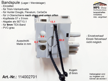 114002701, Bandspule, TEX 6mm, Welle 7mm-Vierkant (HD, Flexalum, CeGeDe)