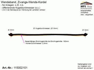 115002101, Wendeband, Zwangs-Wende-Kordel, Kugelkette - 160mm, 2 Kugeln