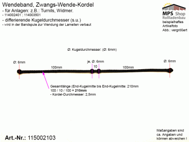 115002103, Wendeband, Zwangs-Wende-Kordel, Kugelkette - 210mm, 4 Kugeln