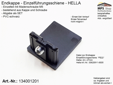 134001201 Endkappe, Endanschlag, Führungsschienen Abschluss, PVC, schwarz, Hella FE22