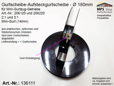136111 Gurtscheibe 180mm, Mini-Gurtscheibe, Aufsteckgurtscheibe für Mini-Gurtzug-Getriebe