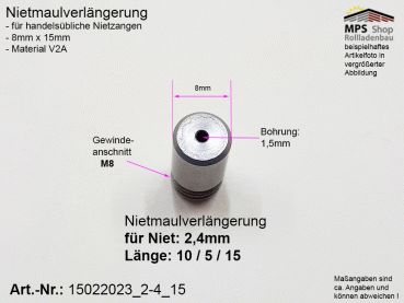 15022023_2-4_15, Nietmaulverlängerung, ALU-Niet 2,4mm, Länge: 15mm