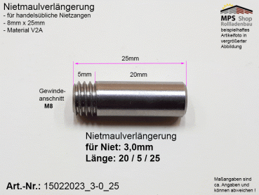 15022023_3-0_25, Nietmaulverlängerung, ALU-Niet 3,0mm, Länge: 25mm