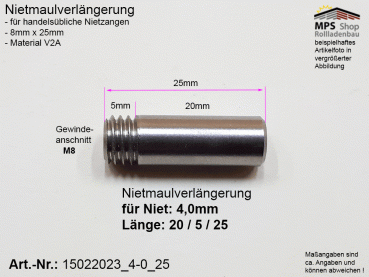 15022023_4-0_25, Nietmaulverlängerung, ALU-Niet 4,0mm, Länge: 25mm