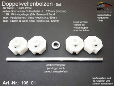 196101 Doppelwellenbolzen SW50-Set, 1 Mini-Kugellager 28x12mm