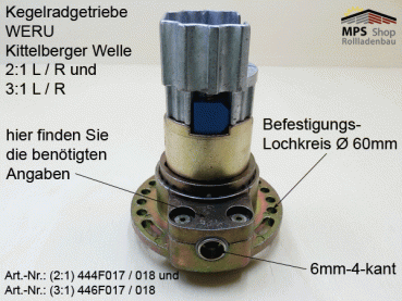 444F018 Rechts, 2:1 - Kegelradgetriebe, WERU-KBW, kl.Fuß, Flansch