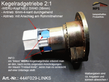 444F029-L (links) Kegelradgetriebe 2:1 WERU-Kopf SW40 (38mm) kl.Fuß Flansch