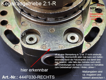 444F030-R (rechts) Kegelradgetriebe 2:1 WERU-Kopf SW40 (38mm) kl.Fuß Flansch