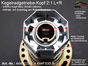 444F030-R (rechts) Kegelradgetriebe 2:1 WERU-Kopf SW40 (38mm) kl.Fuß Flansch