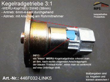 446F032-L (links) Kegelradgetriebe 3:1 WERU-Kopf SW40 (38mm) kl.Fuß Flansch