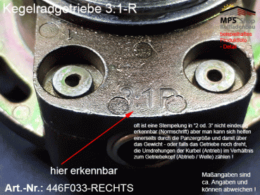 446F033-R (rechts) Kegelradgetriebe 3:1 WERU-Kopf SW40 (38mm) kl.Fuß Flansch