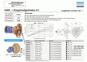 446F003 und 004, 3:1 Kegelradgetriebe, Kurbelgetriebe, SW40, 21kg, kl.Fuß, L+R