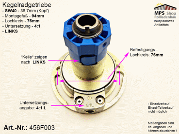 456F003-L, Kegelradgetriebe, Kurbelgetriebe, SW40, gr.Fuß, 4:1, 21/28kg, LINKS