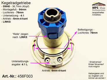 456F003-L, Kegelradgetriebe, Kurbelgetriebe, SW40, gr.Fuß, 4:1, 21/28kg, LINKS