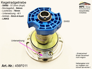 456F011-L, Kegelradgetriebe, Kurbelgetriebe, SW60, gr.Fuß, 4:1, 21/28kg, LINKS