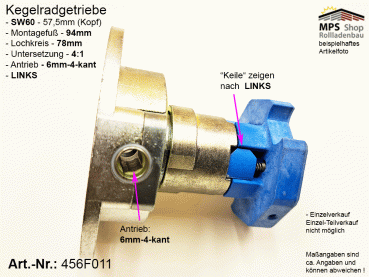 456F011-L, Kegelradgetriebe, Kurbelgetriebe, SW60, gr.Fuß, 4:1, 21/28kg, LINKS