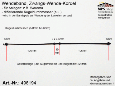 496194, Wendeband, Zwangs-Wende-Kordel, Kugelkette (Warema) - 222mm