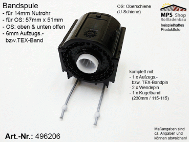 496206 - Bandspule, Band 6mm, Nutrohr 14mm, für Oberschiene / U-Schiene n.o. bzw. n.u.offen 57x51mm
