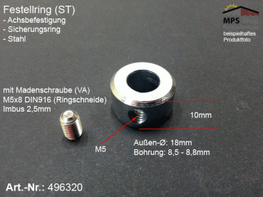 496320 Feststellring (ST) ca. 8,5x18x10mm mit (VA) Madenschraube (M5x8)