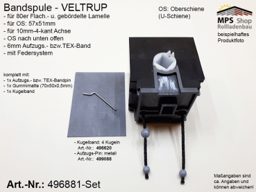 496881, Bandspule, VELTRUP, TEX-Band 6mm, 10mm 4-kant Achse, Oberschiene n.u.offen, 57x51mm, Set