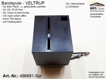 496881, Bandspule, VELTRUP, TEX-Band 6mm, 10mm 4-kant Achse, Oberschiene n.u.offen, 57x51mm, Set