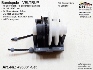 496881, Bandspule, VELTRUP, TEX-Band 6mm, 10mm 4-kant Achse, Oberschiene n.u.offen, 57x51mm, Set