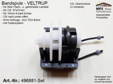 496881, Bandspule, VELTRUP, TEX-Band 6mm, 10mm 4-kant Achse, Oberschiene n.u.offen, 57x51mm, Set