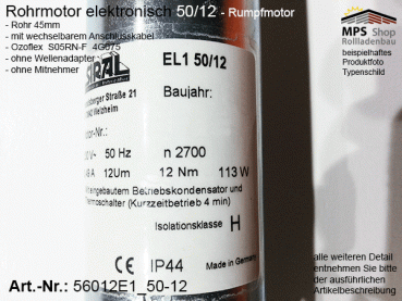 56012E1 -12Nm- elektronischer Rohrmotor (Rumpfmotor)