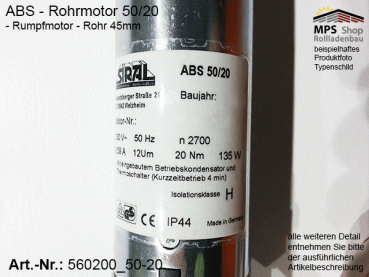 560200 -20Nm- ABS Rohrmotor (Rumpfmotor)