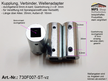 730F007-ST-vz, Kupplungsstück, Verbinder, Wellenadapter - 8-4-kant durchgehend, L.: 35mm
