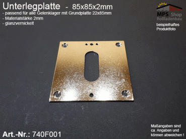 740F001, Unterlegplatte 85x85x2mm für Gelenklager mit Grundplatte 22x85mm; 45° und 90° - glanzvernickelt