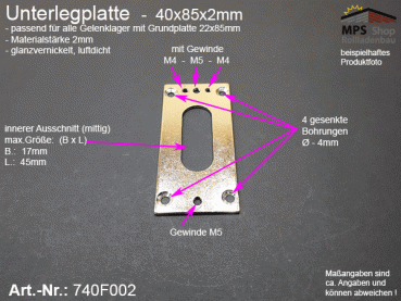 740F002, Unterlegplatte 40x85x2mm für Gelenklager mit Grundplatte 22x85mm; 45° und 90° - glanzvernickelt, luftdicht