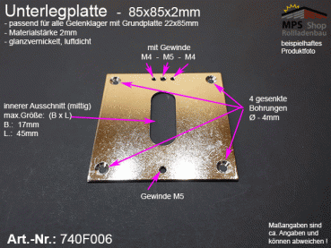 740F006, Unterlegplatte 85x85x2mm für Gelenklager mit Grundplatte 22x85mm; 45° und 90° - glanzvernickelt, luftdicht