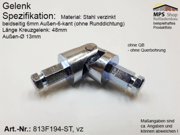 813F194 Kreuzgelenk Ø13mm, Z1+Z2-6mm A.-6-kant, ohne Runddichtungen