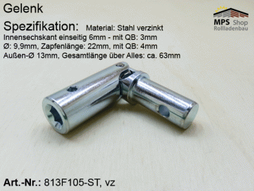 Kreuzgelenk Ø13mm, Z1: 6mm Innen-6-kant QB: 3mm, Z2: Zapfen 9,9mm QB 4mm, Stahl verzinkt