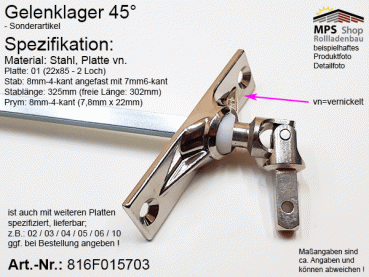 816F015703 Gelenklager 45°, Prym 8mm-4kant, Stab 8mm-4-kant