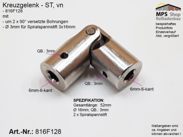 816F128, vn, Kreuzgelenk Ø16mm, beidseitig 6mm-6-kant, beidseitig Ø 3mm Bohrung für SSS