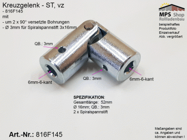 816F145, vz, Kreuzgelenk Ø16mm, beidseitig 6mm-6-kant, beidseitig Ø 3mm Bohrung für SSS