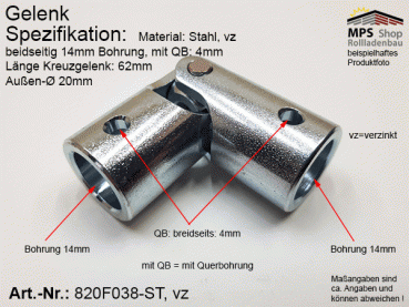 820F038 Kreuzgelenk Ø20mm, beids.14mm Bohrung, QB: 4mm, Stahl-vz.