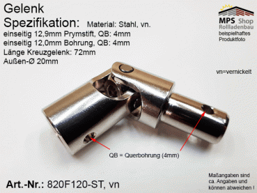 820F120 Kreuzgelenk Ø20mm, eins.12,9mm Prymstift, eins.12mm Bohrung, mit je QB: 4mm, Stahl-vn.