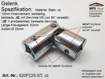 820F225 Kreuzgelenk Ø20mm, beids.12mm-I.-4-kant, mit 2xGewinde M5 proZapfen (NICHT fluchtend), Stahl-vz.