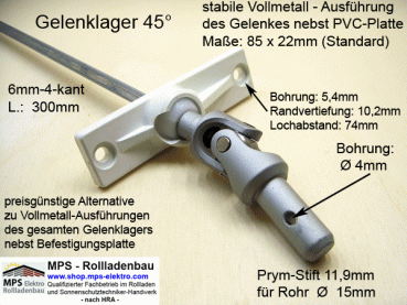 Gelenklager 45°, 11,9 - 6mm-4kant - PVC-Platte - günstige Alternative