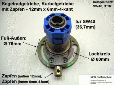Kegelradgetriebe, Kurbelgetriebe, SW40, kl.Fuß, 3:1, 16/21kg, L+R, Zapfen