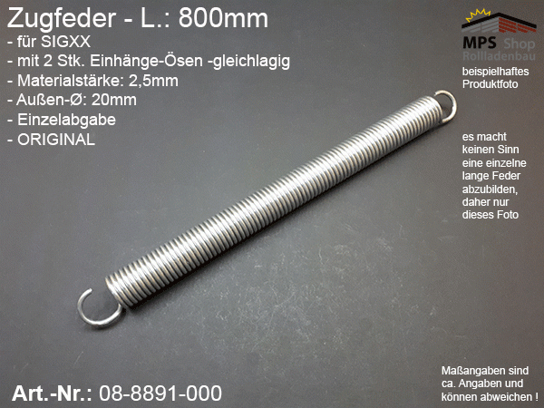 08-8891-000, Zugfeder L.: 800mm Ø.:20mm für z.B.: SIGXX / WIGA u.a.