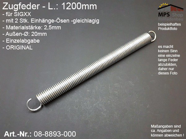 08-8893-000, Zugfeder L.: 1200mm Ø.:20mm für z.B.: SIGXX / WIGA u.a.