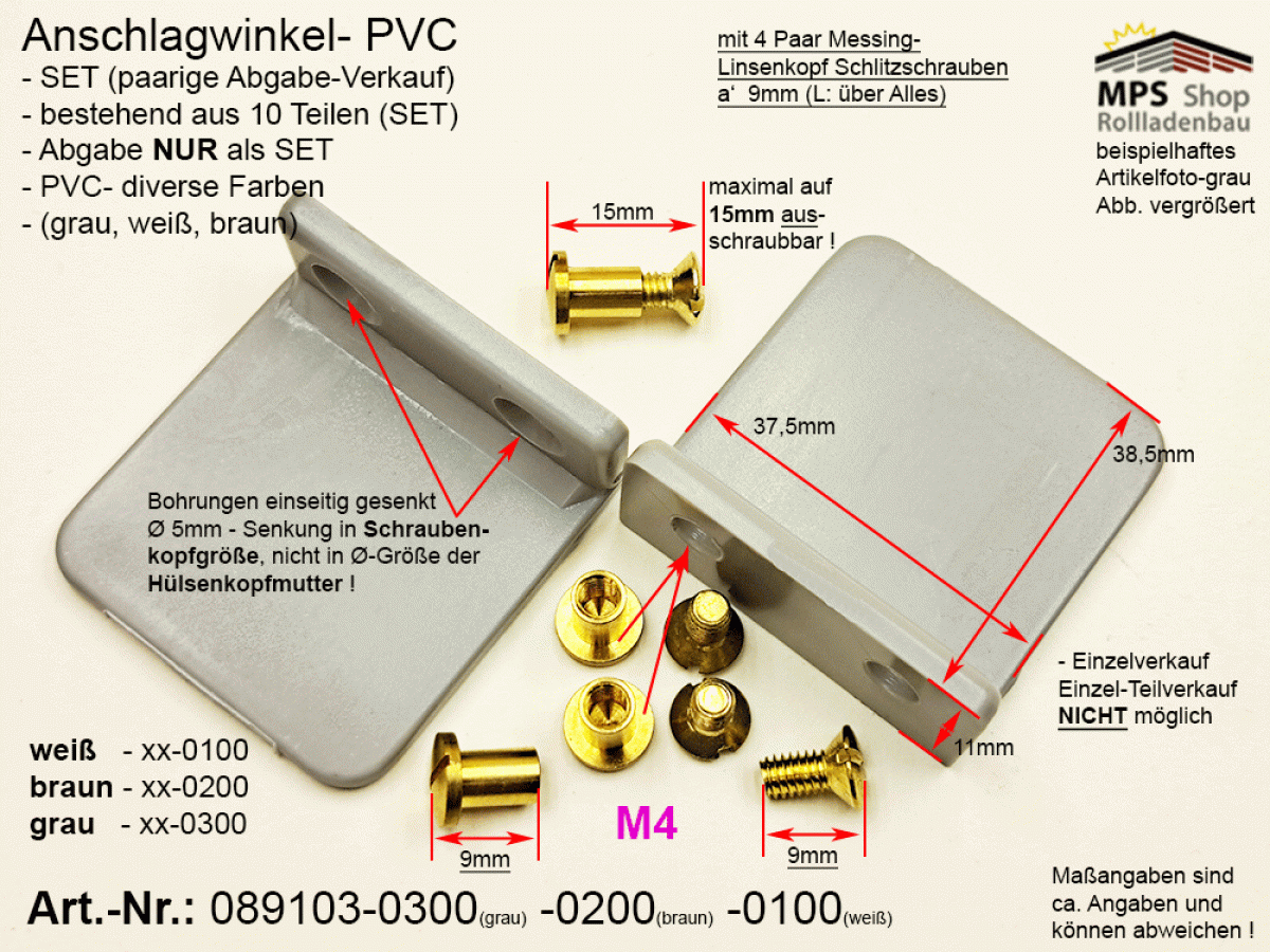 089103 Anschlagwinkel, SET, paarige Abgabe, PVC diverse Farben, Hülsenmuttern & Schrauben