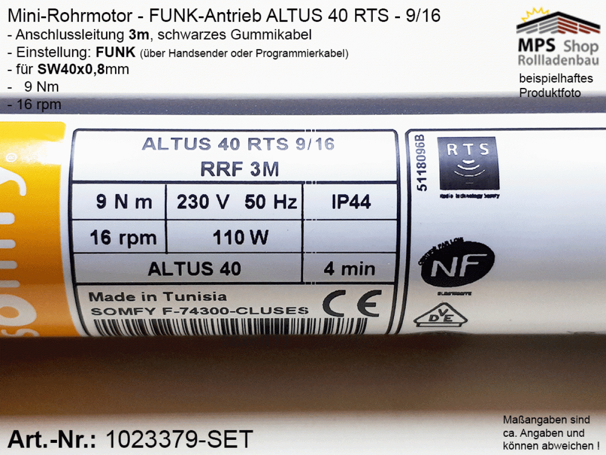 1023379 - SET - FUNK-Einsteck-Antrieb ALTUS 40 RTS 9/16 (SW40x0,8mm), 9Nm / 16rpm, Motorlager, Anschlusskabel 3m offene Enden